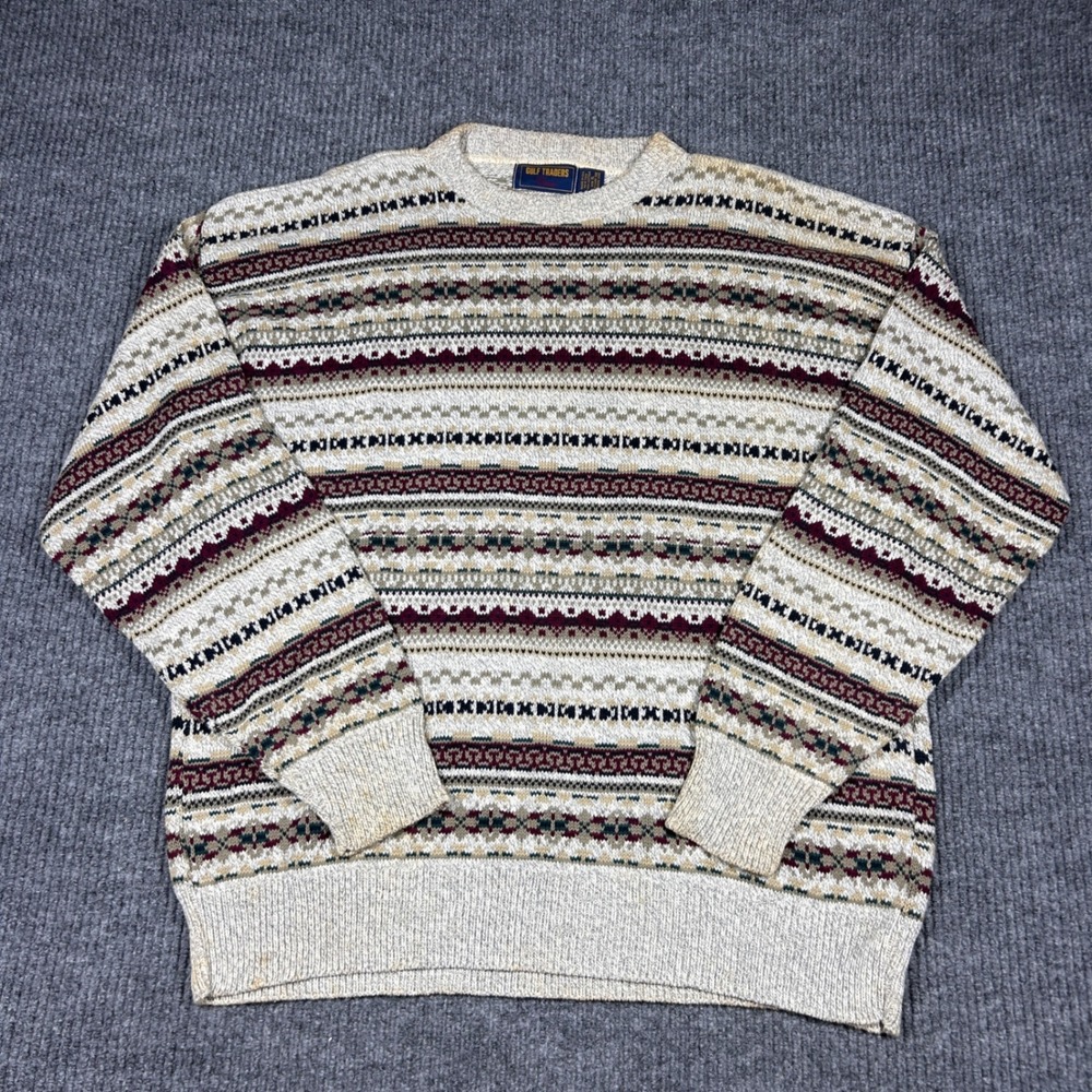 Vintage Gulf Traders Sweater Men's XL Classic‎ Fair Isle Knit  Beige Casual